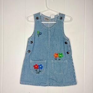 VINTAGE 90’s Railroad Stripe Denim Dress Embroidered Floral Buttons Girl’s 2T